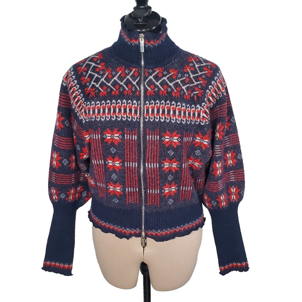 NWT House of Harlow 1960 Women's Sweater Size Medium Blue Red Fair Isles